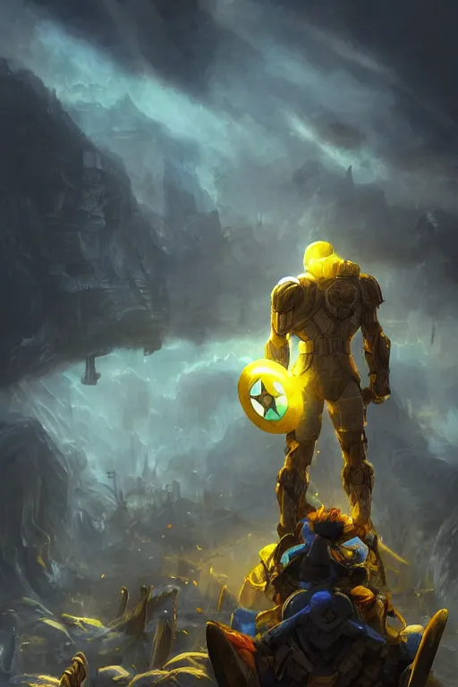 Image similar to a distant shot of a single super soldier with blue and yellow flag and standing alone on a huge pile of human skulls as a winner, masculine figure, D&D, fantasy, bright hopeful atmosphere, volumetric lights, beam of bright light through the clouds, intricate, elegant, highly detailed, extremely detailed, digital painting, artstation, concept art, matte, smooth, sharp focus, hyper realistic, illustration, art by Artgerm and Greg Rutkowski and Alphonse Mucha