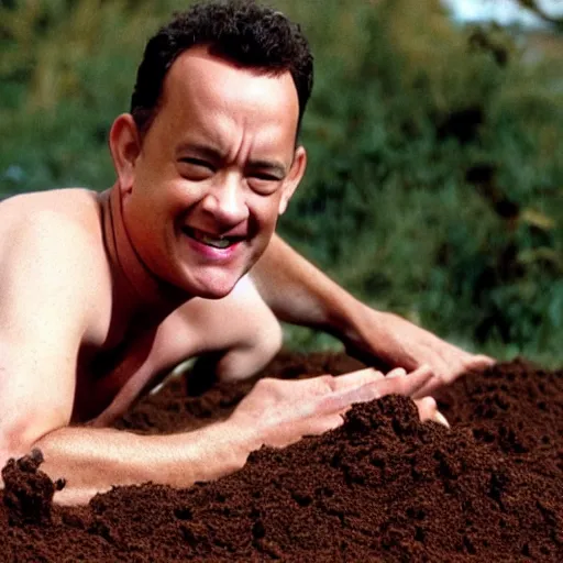 Image similar to Tom Hanks on all fours eating a pile of dirt