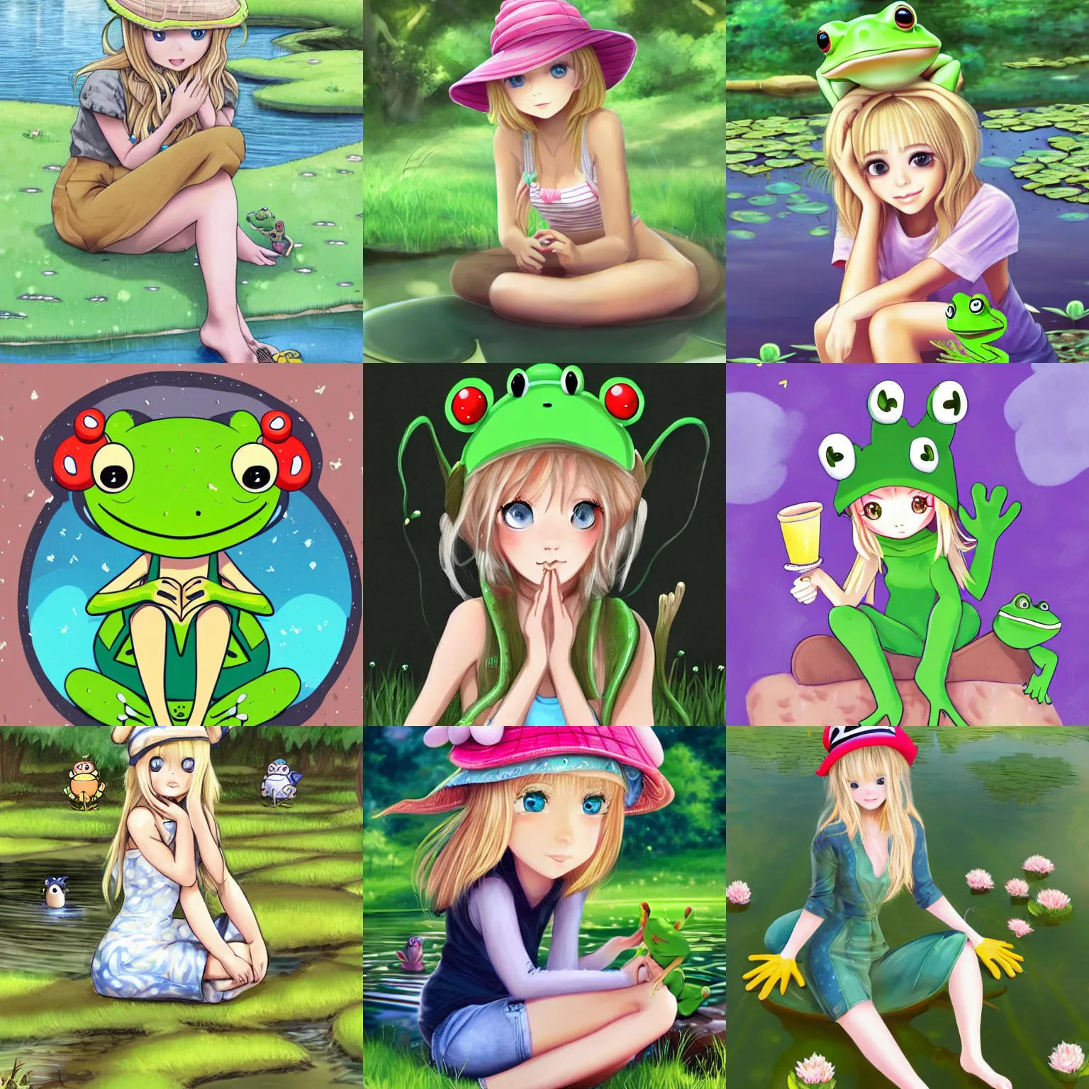 Prompt: cute blonde girl wearing a frog hat sitting by a pond, surrounded by cute little frogs, trending on artstation, anime style, well drawn, award winning, digital art, 2 d, highly detailed, very calm and wholesome