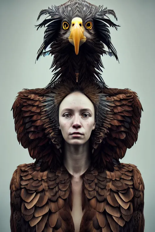 Image similar to epic professional digital portrait of female anthropomorphic human - eagle hybrid, wearing human air force jumpsuit, humanoid feathered head, eagle beak, by lisa roet, leesha hannigan, wayne haag, iris van herpen, artstation, cgsociety, epic, much wow, much detail, gorgeous, detailed, cinematic, masterpiece