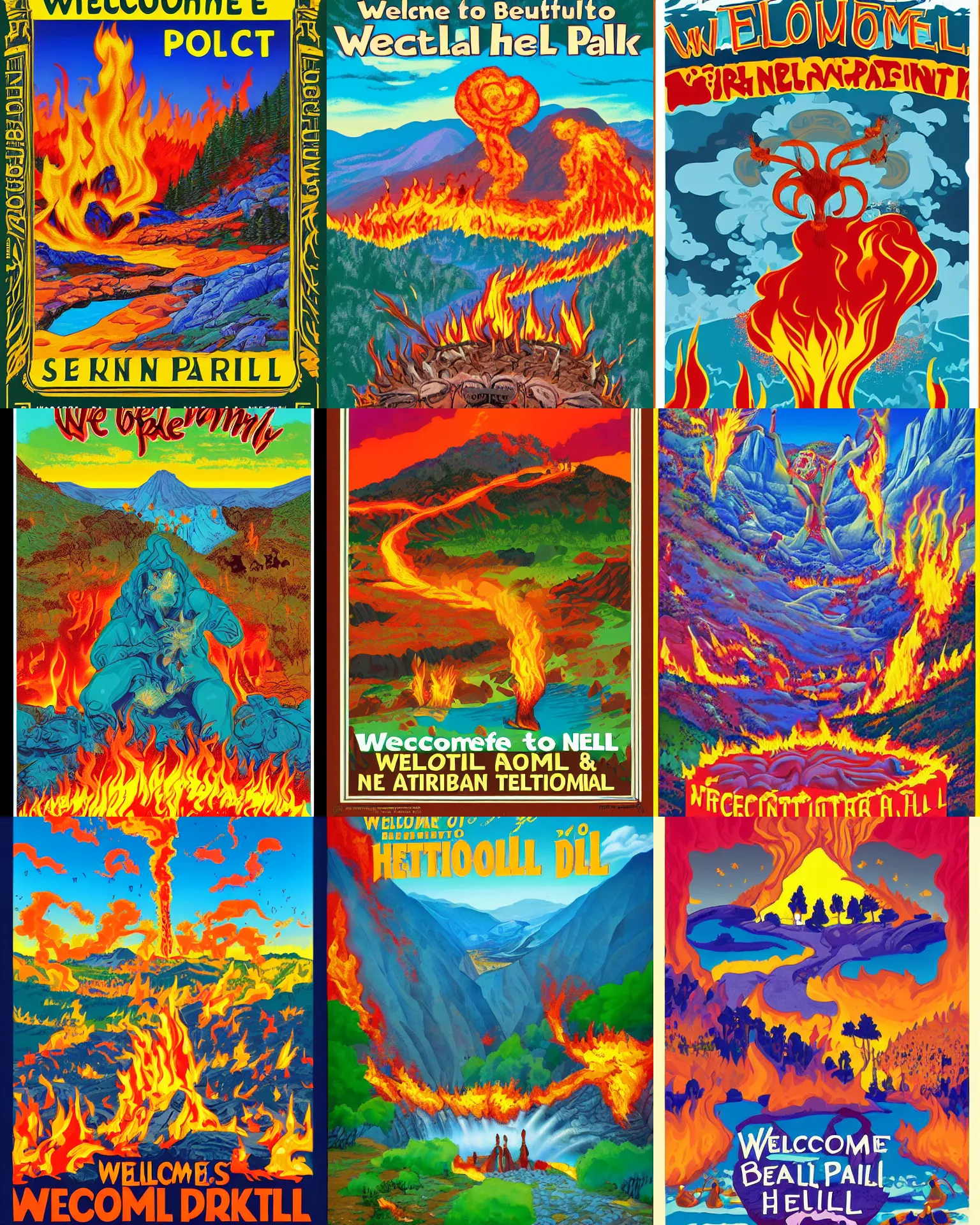 Prompt: welcome to beautiful hell national park! fire, brimstone, suffering, torment! vibrant tourism poster, colorful, cartoon