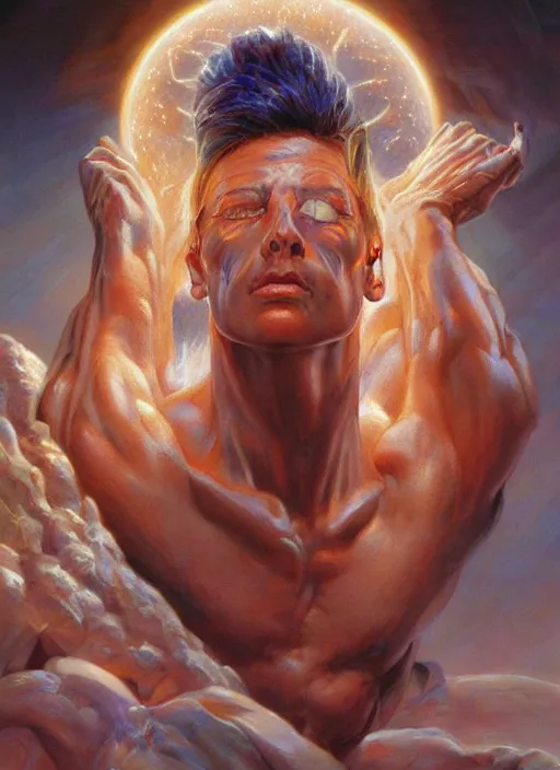 Image similar to a epic portrait of the god of light, art by boris vallejo and greg danton and denys tsiperko, detailed, hyperrealism, artstation