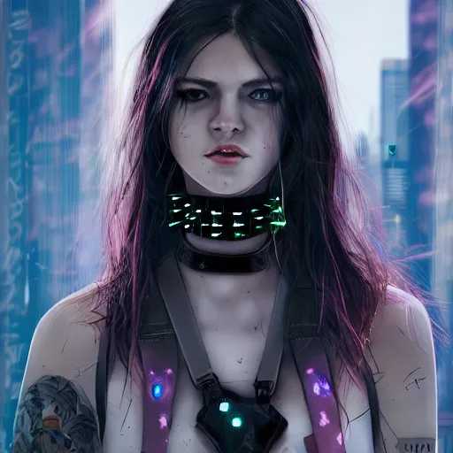 Image similar to female character cyberpunk wearing spiked black collar around neck, realistic, art, beautiful, 4K, HD, collar, choker, collar, choker, punk, artstation, wallpaper,