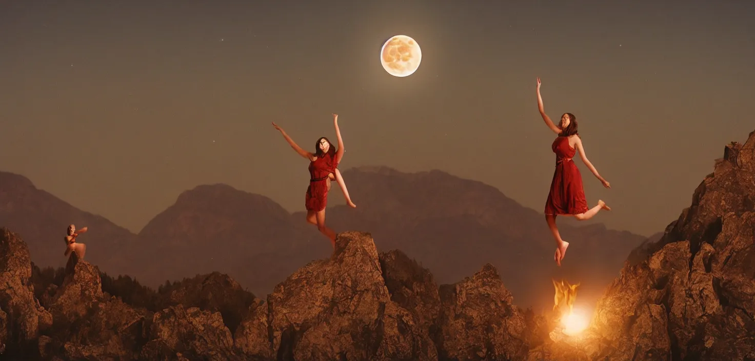Image similar to a very high resolution historical image. a giant full moon in the mountains while young women float into the air levitating in firelight as the satanic ritual climaxes, 2 4 mm, photorealistic, photography, night directed by wes anderson