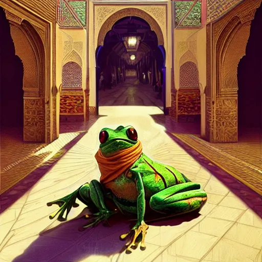 Image similar to frog travels through marrakech streets, palm trees, highly detailed, digital painting, artstation, concept art, smooth, sharp focus, illustration, art by artgerm and greg rutkowski and alphonse mucha