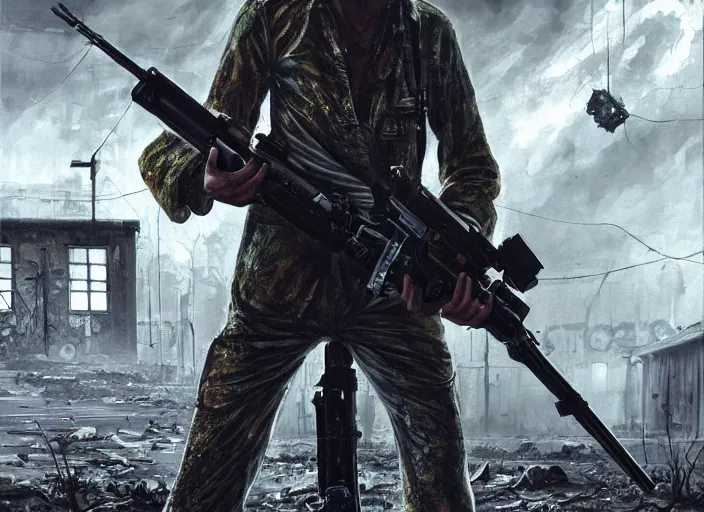 Prompt: david bowie, in escape from tarkov, dressed as a scavenger, carrying a scoped hunting rifle, in the background is an abandoned warehouse, radioactive horror painting, elegant intricate digital painting artstation concept art by mark brooks and brad kunkle extreme detail 4 k