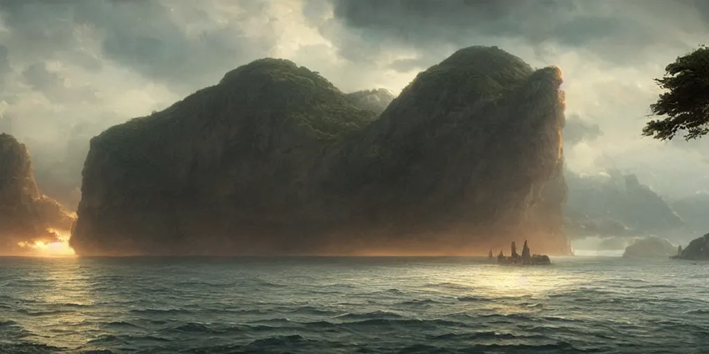 Image similar to establishing shot from a movie, epic matte painting of an island, cinematic cinematography masterpiece, greg rutkowski, and ivan aivazovski, roger deakins