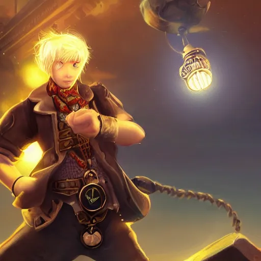 Image similar to A blonde boy wearing steampunk wristband that launches out a grapple using steam canisters, epic fantasy art style HD