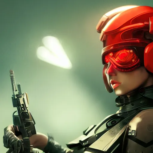 Image similar to close up of futuristic dystopian regime soldier, plasma gun, blonde hair, fox ears, human, character sheet, concept design, contrast, hot toys, kim jung gi, greg rutkowski, zabrocki, karlkka, jayison devadas, trending on artstation, 8 k, ultra wide angle, pincushion lens effect, red and black color scheme