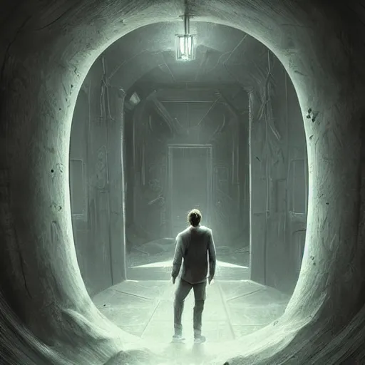 Image similar to a man walking into the portal, concept art, illustration, highly detailed, artwork, cinematic, hyper realistic, art station