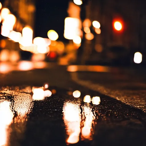 Prompt: night city lights reflecting on wet asphalt, moody photography