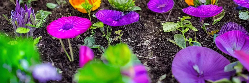 Image similar to Solarpunk synthetic plants blooming, close-up, colourful, 8k, stunning, award winning, world press photo, speculative futures, calm atmosphere by photographer Will Ellis