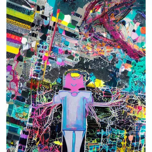 Prompt: energetic by tom fruin, by dean cornwell kawaii, ikea manual. a beautiful collage of a human - like creature with long, stringy hair. the figure has no eyes, only a mouth with long, sharp teeth. the creature is standing on a cliff overlooking a dark, foreboding sea.