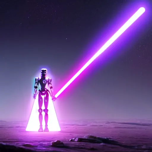 Prompt: humanoid robot wielding lightsaber in front of a violet planet, unreal engine, featured on cgsociety, trending on artstation, detailed, scifi futuristic character concept, greg rutkowski, movie poster, octane render