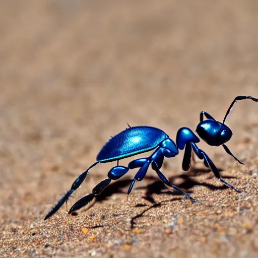 Prompt: a rare blue ant found in the desert