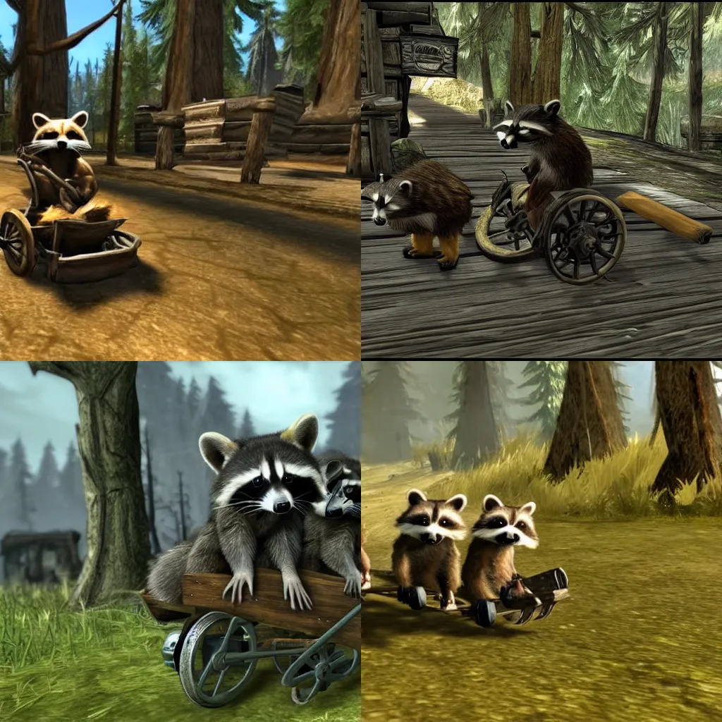 Prompt: raccoons riding in a cart Skyrim intro