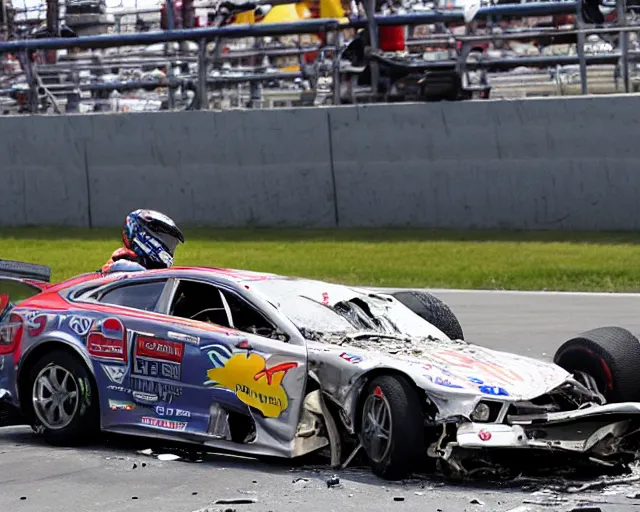 Prompt: Bobby 'Hot Take' Lee gets out of the car after a crash in turn 11. The driver is fine but the car is broken.