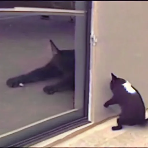 Prompt: security cam footage of a cat robbing a bank