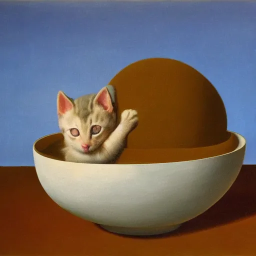 Prompt: rene magritte painting of a baby kitten inside of a bowl of soup