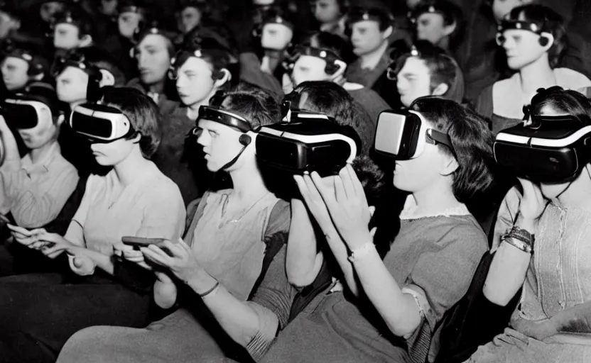 Image similar to 1 9 0 0 s photo of people using iphones ipods virtual reality headsets vr in a movie theater masterpiece