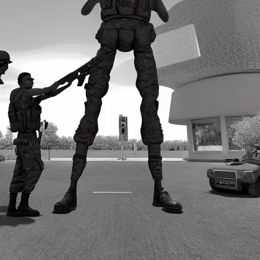 Image similar to the special forces pointing a real sized peanut statue, security camera, black and white, detailed, realistic, 4k