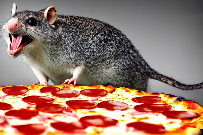 Prompt: emergence of the pizza rat, evolution, the new apex predator : unstoppable pizza rat : the reason god stays in heaven - he screams for pizza