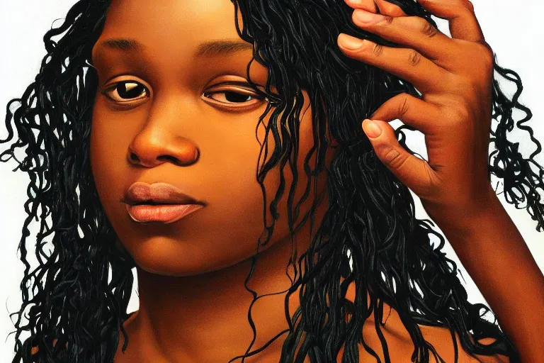 Prompt: a beautiful girl with long hair and with iridescent skin by kehinde wiley
