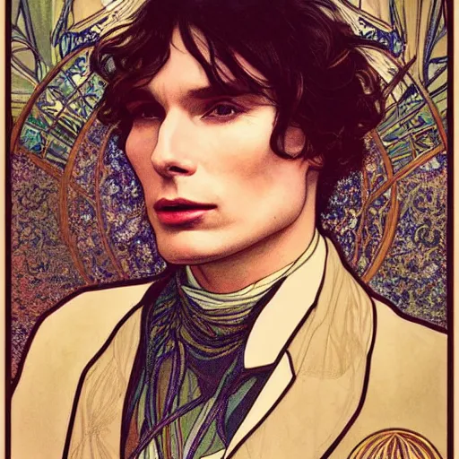 Image similar to cillian murphy portrait by louis - theophile hingre and alphonse mucha, realistic, sharp focus, zodiac signs, tarot cards, planets, ethereal, art nouveau, magic, moon, sun, crown, dreamy, royal, jewellery