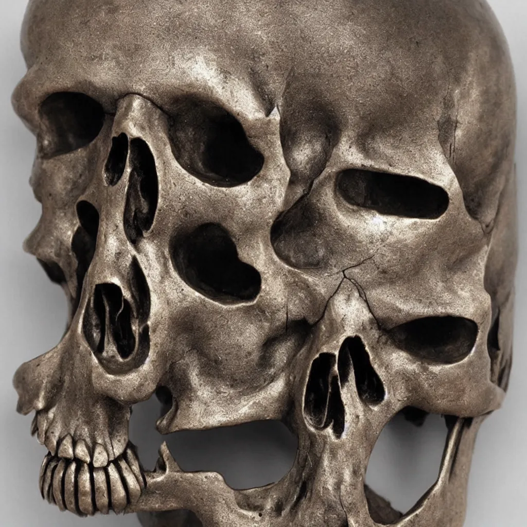 Image similar to a realistic metal sculpture of one skull, super detailed