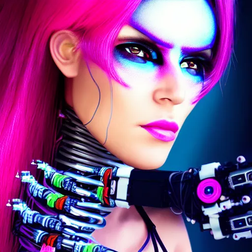 Image similar to portrait of a beautiful mexican woman with pink hair as a cyberpunk cyborg half robot, revealing wires and electronics, circuit boards, wire management, sci - fi, missing panels, intricate abstract upper body intricate artwork, concept art, octane render, deviantart, cinematic, key art, hyperrealism, iridescent accents, portrait photograph, nikon 3 5 mm, photograph by greg rutkowski