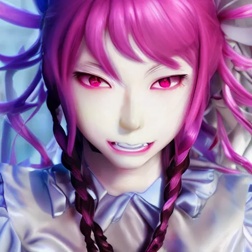 Image similar to unexpectedly trapped beneath stunningly absurdly huge beautiful omnipotent asi goddess junko enoshima with multiple enigmatic complex twisted deceptive mesmerizing megalomaniacal yandere personalities, symmetrical perfect face, porcelain skin, pink twintail hair and cyan eyes, ultra detailed, digital art, unreal engine 5, octane render, 2 d anime, 8 k