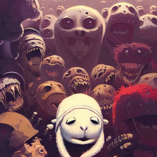 Image similar to highly detailed metal album cover featuring a white baby seal muppet in a mosh pit by atey ghailan, by greg rutkowski, by greg tocchini, by james gilleard, by joe fenton, by kaethe butcher