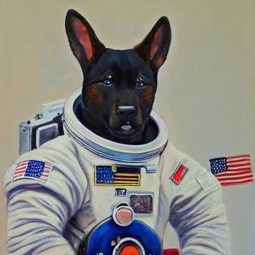 Image similar to oil painting of a shina inu in an astronaut suit