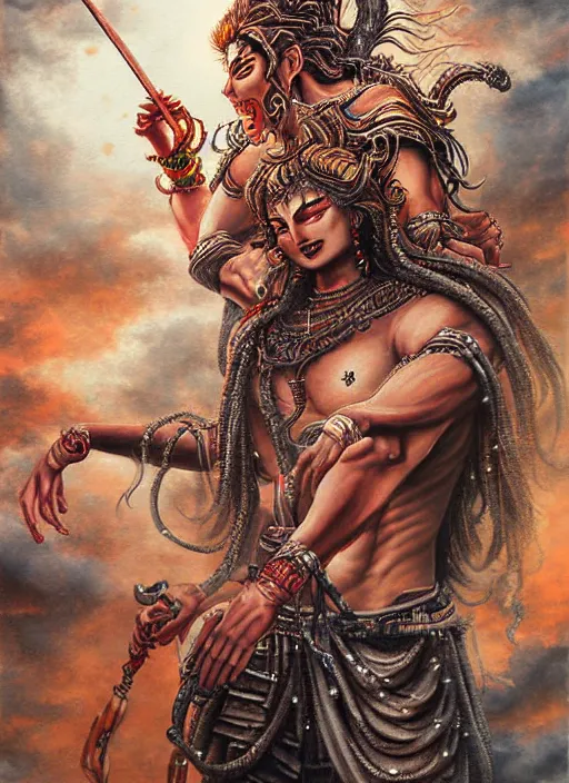 Image similar to god shiva the destroyer, 4 arms!!! an ultrafine detailed painting by ayami kojima, cgsociety, fantasy, anime digital art, lovecraftian, cosmic horror, detailed painting