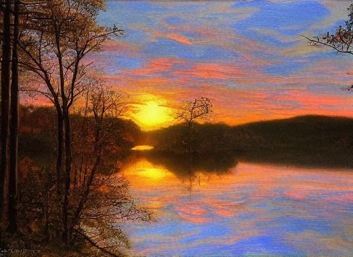 Image similar to the sun is setting over the water in the woods, painted by ralph burke tyree, pinterest, hudson river school, high dynamic range, flickering light, hdr