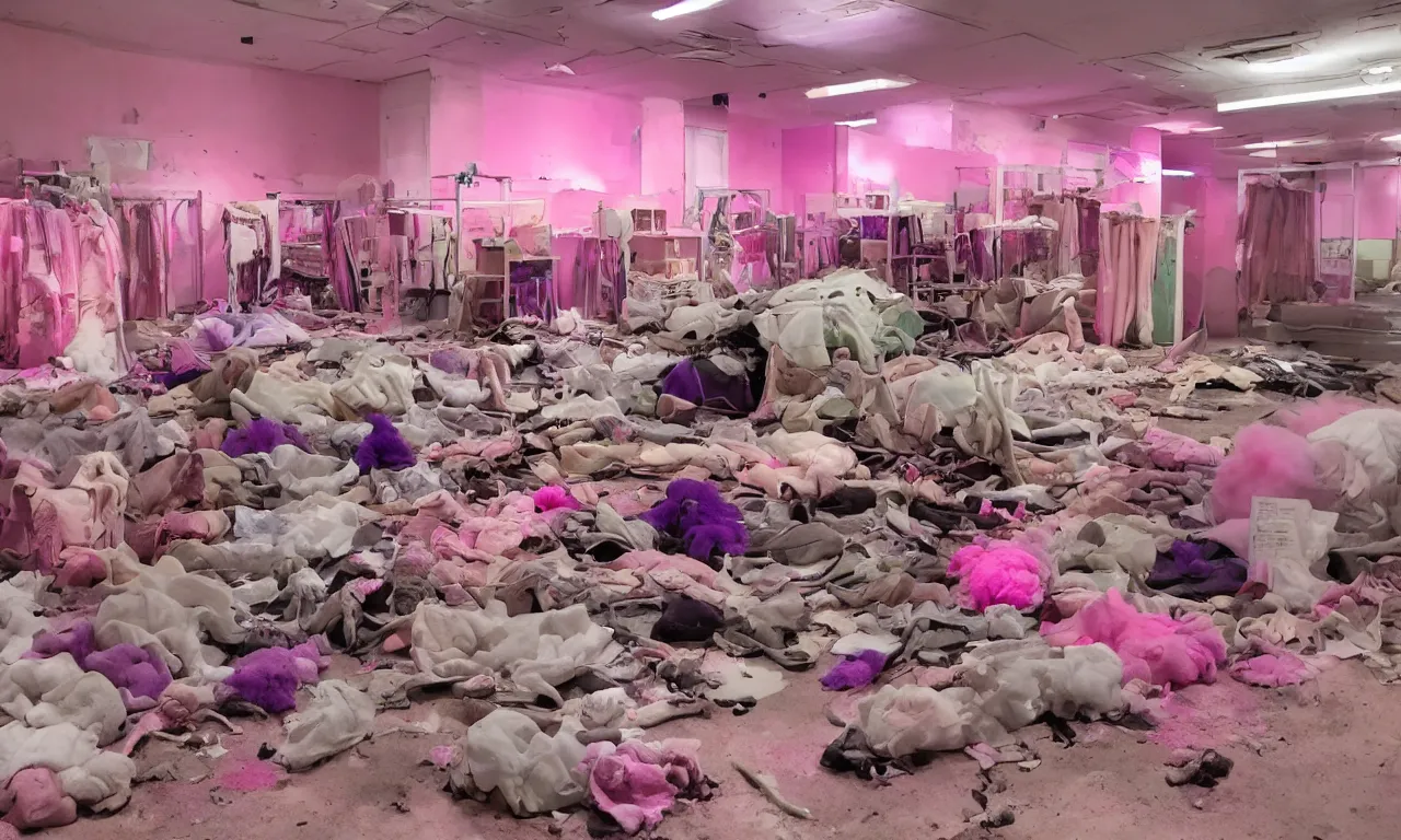 Prompt: backrooms abandoned mall, ominous neon pink and purple vaporwave lighting, moldy walls and stuffed animals sitting in shallow water