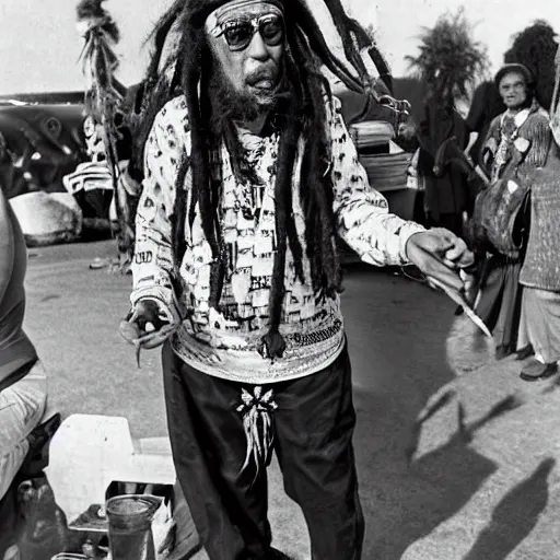 Image similar to Old fashioned grandma smoking marijuana, Rastafarian clothing, dreadlocks, drug rugs, raver