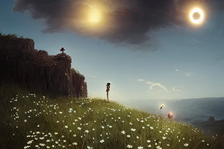 Image similar to giant white daisy flowers head, girl standing on cliff, surreal photography, solar eclipse, milky way, dramatic light, impressionist painting, clouds, digital painting, artstation, james gilleard, liam wong, jeremy mann, simon stalenhag