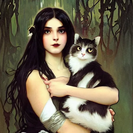 Image similar to cute!!! goth girl with long dark hair parted sideways thick eyebrows and dark eyes, she is holding a cat in her arms, by juan villafuerte, greg rutkowski and alphonse mucha, pexels contest winner, high quality photo, rtx, hd