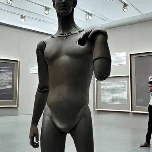 Image similar to “a realistic detailed photo of a guy who is an attractive humanoid who is half robot and half humanoid, who is a male android, actor Liam Hemsworth, shiny skin, posing like a statue, blank stare, at the museum, on display”