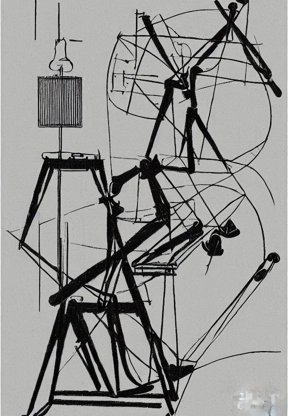 Image similar to a concept drawing of marcel duchamp holding up a chess - piece wire - machine, a surrealist painting by marcel duchamp, complex artificial - intelligence machinery, minimal sketch flow - chart, academic art, 1 9 2 0 s