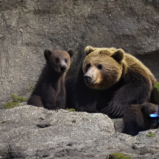 Prompt: a mother bear and her cubs sleeping in a dark cave