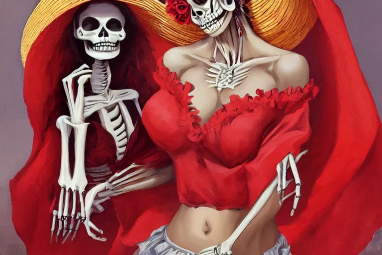 Image similar to cute & beautiful smiling mexican undead skeleton girl wearing a sombrero and a wide red dress, elegant, digital art, fantasy, pixar style, painting, pin up, highly detailed, artstation, art by artgerm, vrubel, boris vallejo and ilya kuvshinov