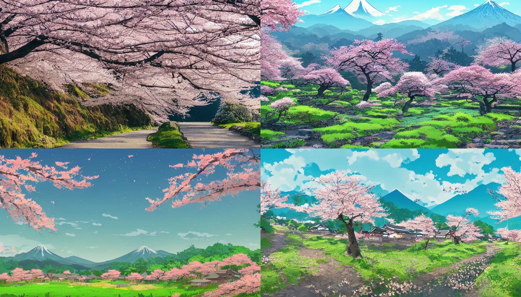 Prompt: countryside in japan, spring, cherry blossom, mountains, village, studio ghibli, trending on artstation, trending on behance