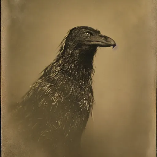 Prompt: ambrotype portrait of bedraggled crow - coyote creature wearing rain coat, 3 5 mm, f 2. 8, shallow depth of field, hand - tinted