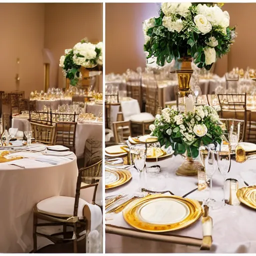 Prompt: walnut, gold, and white themed wedding reception