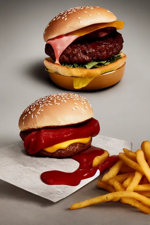 Image similar to mcdonalds hamburger covered in blood with a bite taken out, commercial photography