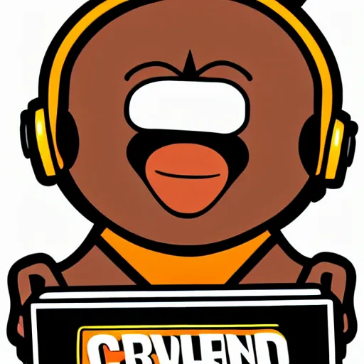 Image similar to svg sticker of a Dancing-Cleveland Brown, at a rave, spinning records, giant headphones rocking out, wearing headphones, huge speakers, dancing, rave, DJ, spinning records, digital art, amazing composition, rule-of-thirds, award-winning, trending on artstation, featured on deviantart