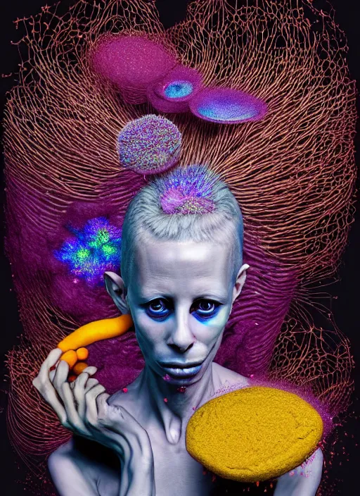 Image similar to hyper detailed 3d render like a Oil painting - Yolandi Visser seen Eating of the Strangling network of yellowcake aerochrome and milky Fruit and Her delicate Hands hold of gossamer polyp blossoms bring iridescent fungal flowers whose spores black the foolish stars by Jacek Yerka, Mariusz Lewandowski, Houdini algorithmic generative render, Abstract brush strokes, Masterpiece, Edward Hopper and James Gilleard, Zdzislaw Beksinski, Mark Ryden, Wolfgang Lettl, hints of Yayoi Kasuma, octane render, 8k