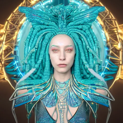 Image similar to unreal engine, octane render, 8 k, sandro botticelli portrait of egyptian sumerian goddess princess intergalactica, nautical siren, queen of heaven, techno mystic goddess, with aqua neon dreadlocks, teal eyebrows encrusted with diamonds, wearing iris van herpen haute couture, star - gate of futurisma,